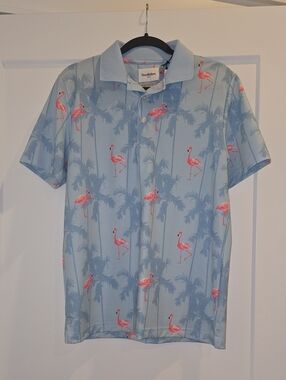 Goodfellow & Co Light Blue Polo with Pink Flamingo Print